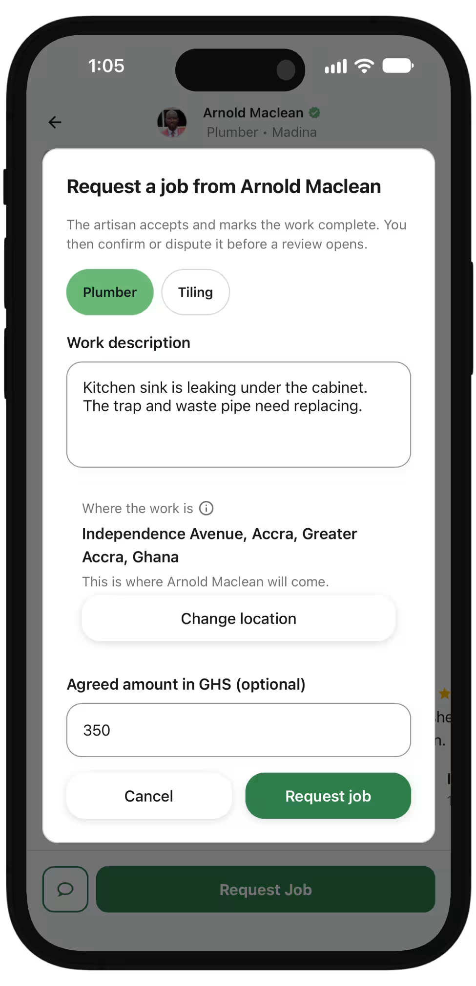 Requesting a job in the JumaLink app on an iPhone: a work description, where the work is, and an agreed amount in cedis